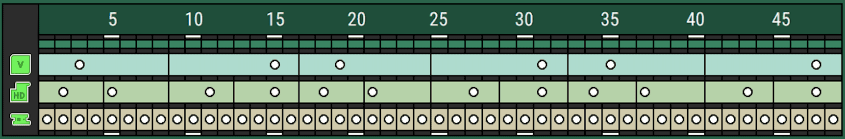 This chart, from a liquid system setup page, shows row assignments for three module types. The bottom module is on every row (notice the circles), but the top one is only on one row out of eight, so the system is divided into groups of eight rows for that module type (notice the lines dividing the groups).