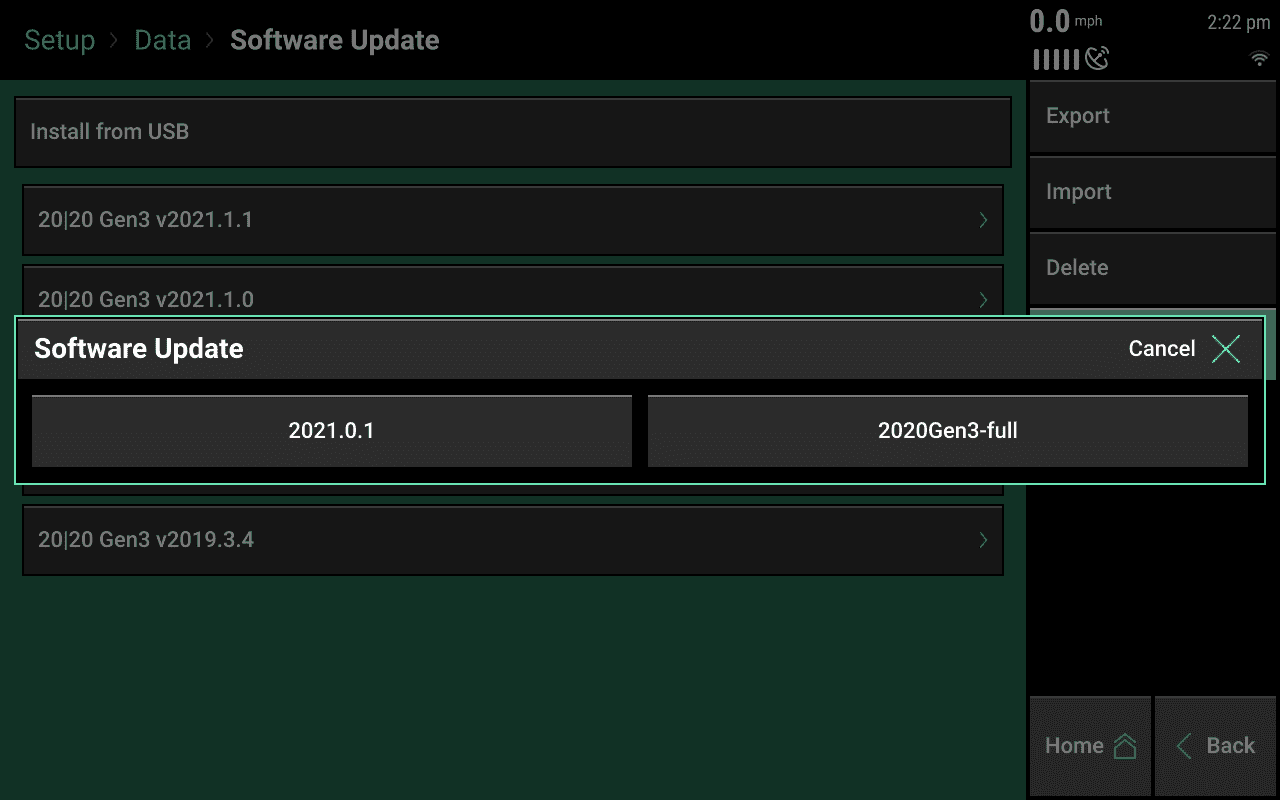 A popup will list all the software files your 20|20 could find on the USB. Press the one you want to install.